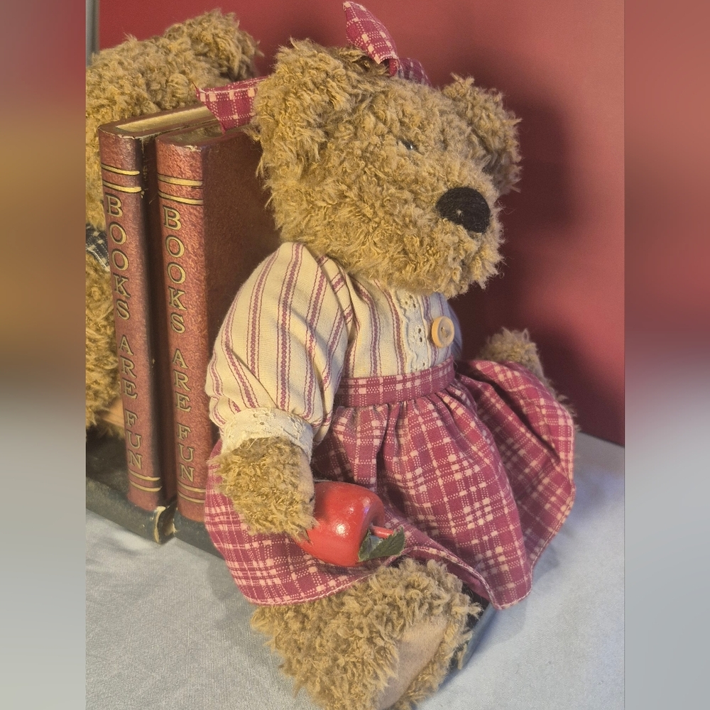 Charming Teddy Bear Bookends - Brown and Red Vintage 1980s